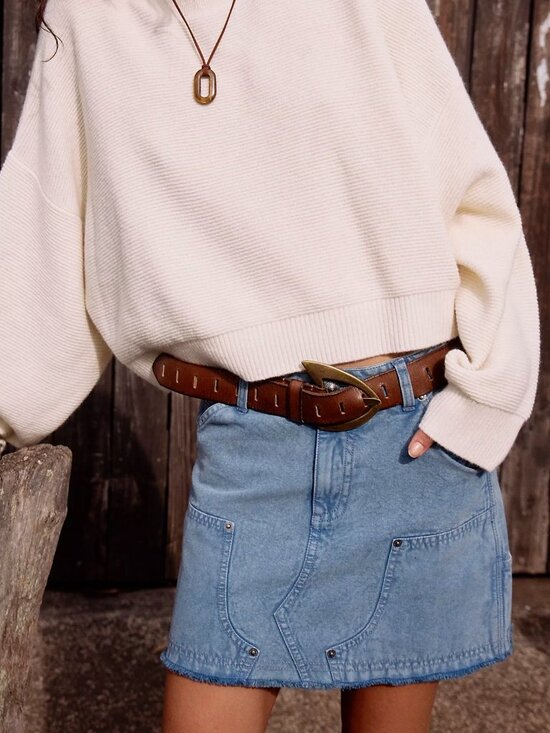 NWT Free People Noa Leather Belt Brown Brass Buckle Cowgirl Festival S-M $58 main image 4